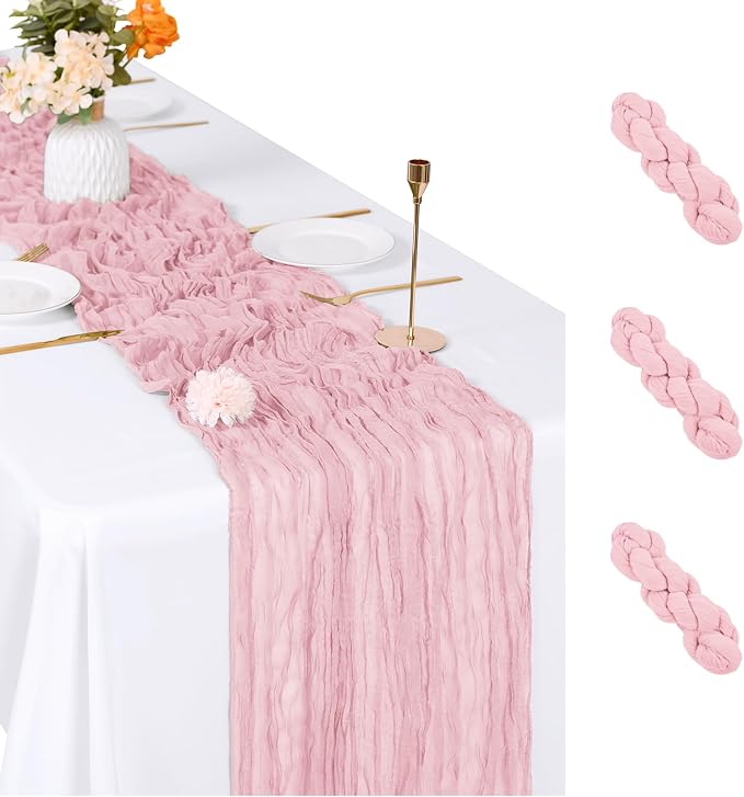 3 Pack Light Pink Cheesecloth Table Runner, 17 x 108 inch, Semi Sheer Boho by ACSUIT
