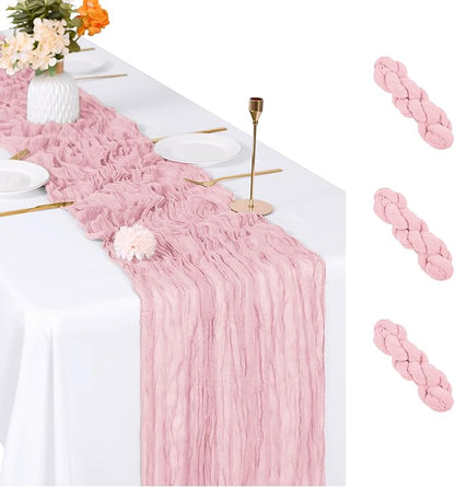 3 Pack Light Pink Cheesecloth Table Runner, 17 x 108 inch, Semi Sheer Boho by ACSUIT