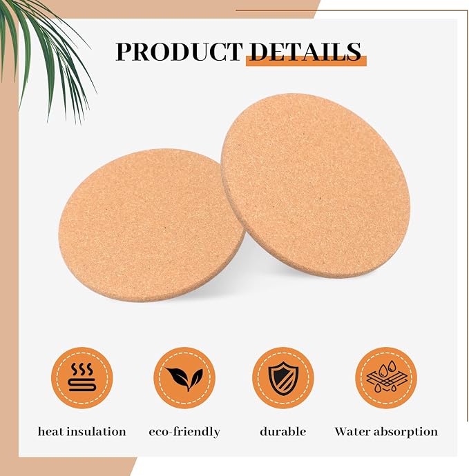 Boao 12 Pcs 4 Inch Round Absorbent Cork Coasters Wooden Cork Plant Coasters - Image 3