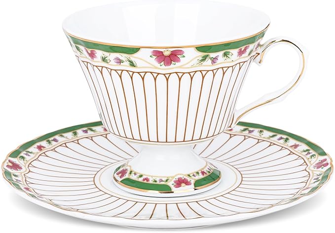 fanquare Nordic Style Tea Cup and Saucer, Classic Stripes Floral Teacup by fanquare
