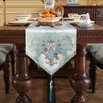 Luxurious Table Runners 98" Long Chenille Jacquard Wedding Decor Baby Blue | - Image 6
