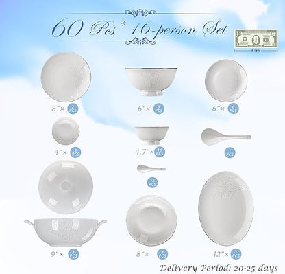 Fine Bone China Dinnerware Set,Porcelain&Ceramic Dinnerware Sets,Bone Stoneware&Ceramic Cookware Tableware Set Includes Dinner Plates|Spoons|Pasta Bowls|Soup Pot|Chopsticks (60PCS * 16-Person Set)