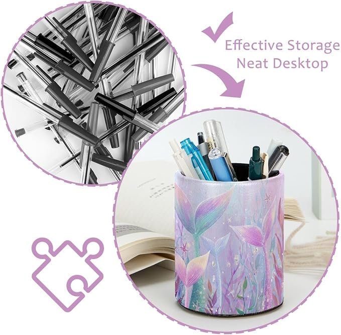 Leather Pen Holder for Desk, Mermaid Tail Pencil Cup Pen Organizer Makeup Brush - Image 4