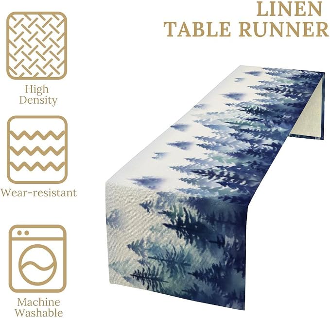 Watercolor Blue Pine Trees Table Runner, Forest Woodland Tabletop Scarf Home - Image 4