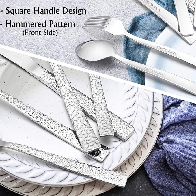 E-far 10-Piece Hammered Silverware Set, Stainless Steel Square Flatware Set - Image 4