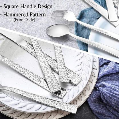 E-far 10-Piece Hammered Silverware Set, Stainless Steel Square Flatware Set - Image 4