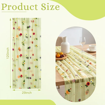 BINBE 1pcs Daisy Spring Table Runner Embroidery Gauze 10FT Florals Seasonal - Image 2