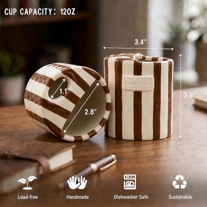Ceramic Coffee Mug with Half Lid, 12oz Handmade Retro Striped Travel Mug - Image 6