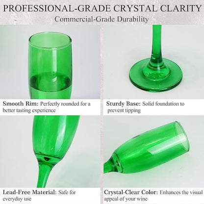 Champagne Flutes Glasses Set of 6-6oz Elegant Green Champagne Glass, Unique Green Colored Long stem Champagne Flute Gift for Wedding, Anniversaries, Parties, Birthday, Restaurant, Home Bar