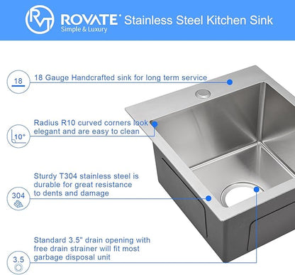 ROVATE 17 x 19 Inch Drop in Bar Sink Single Bowl, Topmount 304 Stainless Steel Small Kitchen Sink with 1 Hole, Handmade Overmount Wet Bar Prep Sinks with Basket Strainer