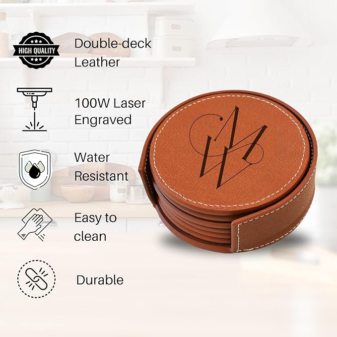 Set of 6 Engraved Leather Coasters - Image 2