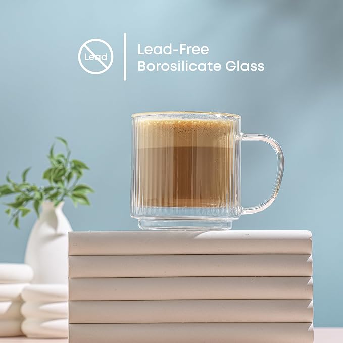 JoyJolt Haven Stackable Fluted Glass Mugs, 13.5oz Clear Mugs - Image 7