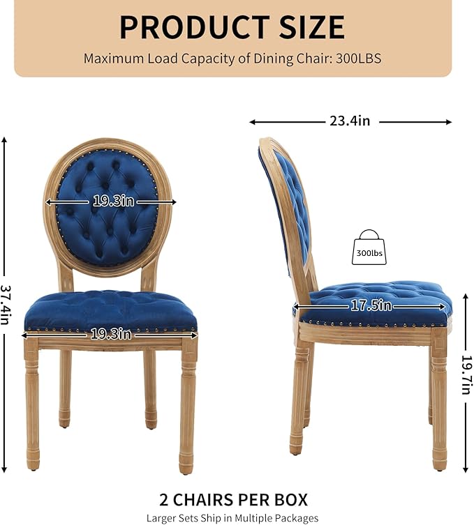 Vintage French Dining Chairs Set of 8, Round Back Velvet Upholstered Accent Chairs with Nailhead Trim and Solid Wood Frame, Elegant Sillas de Comedor for Dining Room & Kitchen, Blue