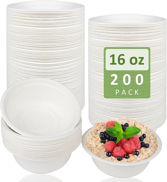 200 Pack 16 Oz Heavy Duty Paper Bowls - Bagasse Hot Soup Disposable Compostable Bowls, Disposable Bowls 16 Oz