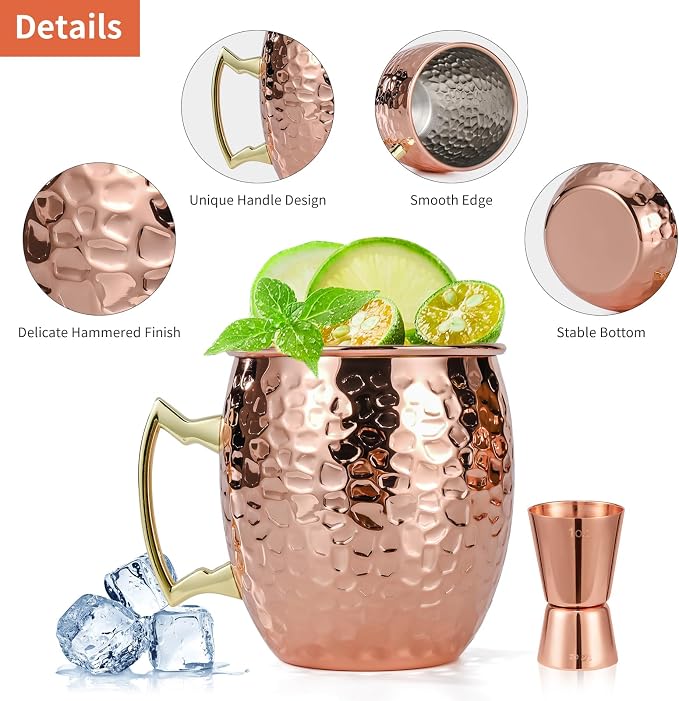 Amrules Moscow Mule Mugs Set of 4, 16 OZ Hammered Copper Cups - Image 4