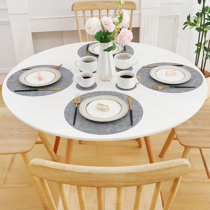 Homaxy Round Faux Leather Placemats and Coasters, Light Grey | Washable - Image 8