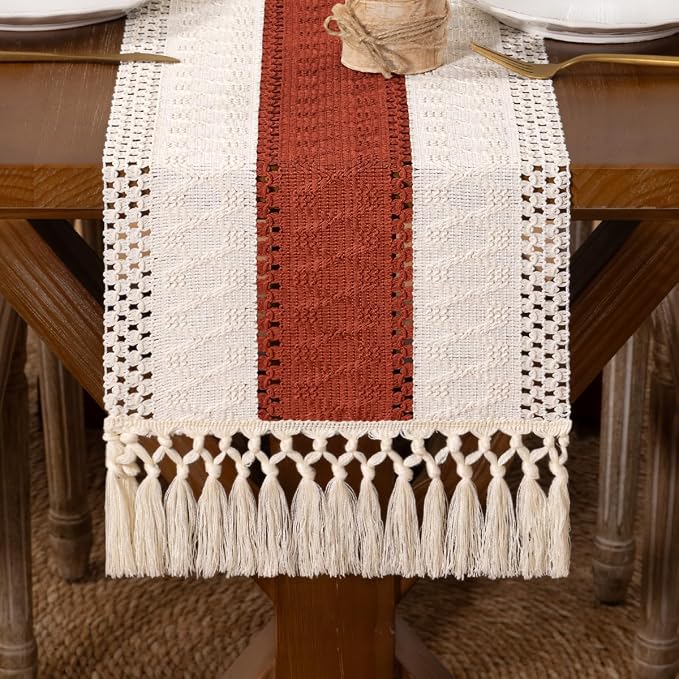 DeZerlor Boho Macrame Table Runner Terracotta Spring Easter Farmhouse Woven by DeZerlor