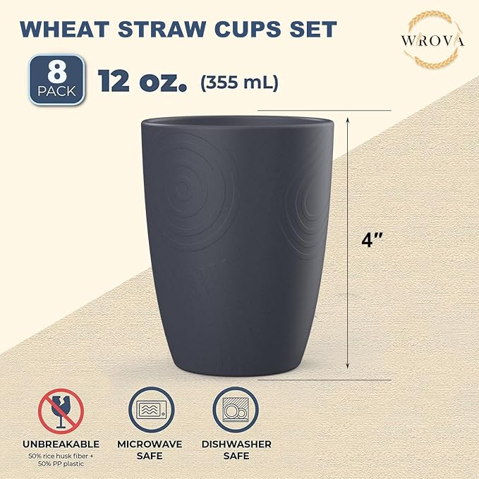 Wrova Wheat Straw Cups 8 PCS Good Alternative to Plastic Reusable Cups 12 oz - Image 2