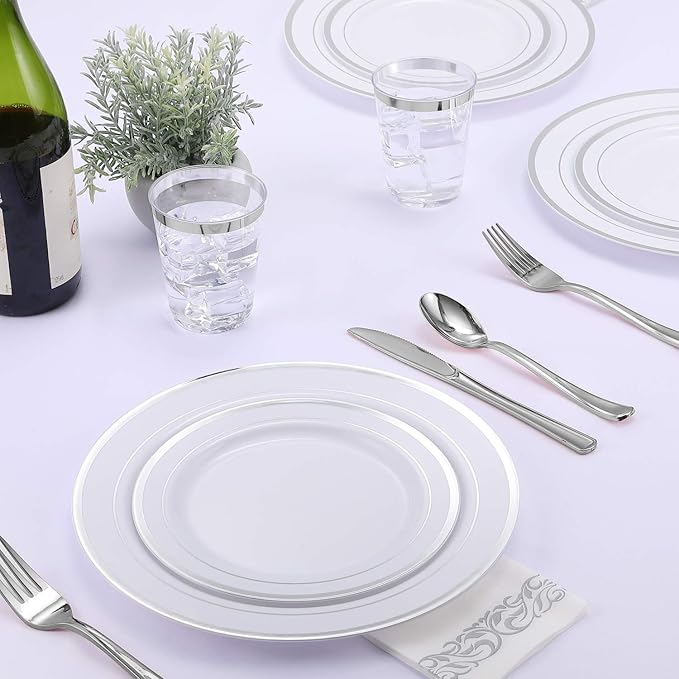 FOCUSLINE 350 Ct Disposable Dinnerware Set for 50 Guests -Heavy Duty Plastic Plates with Silver Rim, Includes 50 Dinner & Salad Plates, Cups, Napkins, Cutlery Set