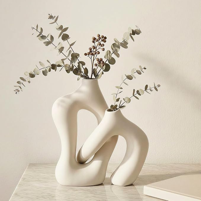 Dowan White Vases for Decor, Hollow Ceramic Vase Set of 2, 8.3" Nordic Modern by DOWAN