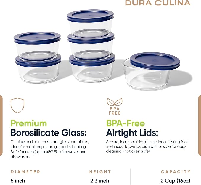 12-Piece Glass Food Storage Containers Set | 2-Cup, Leakproof | Microwave - Image 2