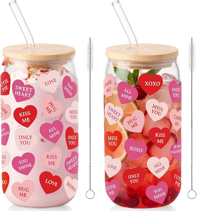 Sliner 2 Pcs Heart Glass Cups Valentines Galentines Day Tumbler 16 oz Iced by Sliner