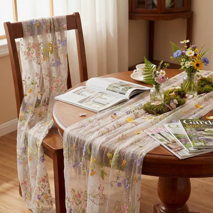 Ivory White Floral Table Runner 10ft Embroidery Tulle Spring Wildflower Table - Image 5