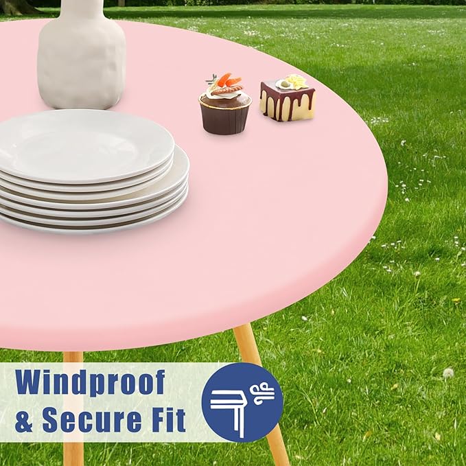 Round Spandex Tablecloth 2 Pack, Elastic Fitted Waterproof Tablecloths for 36"-44" Tables, Stretch Washable Picnic Table Cover for Camping, Dining, Indoor and Outdoor, Pink