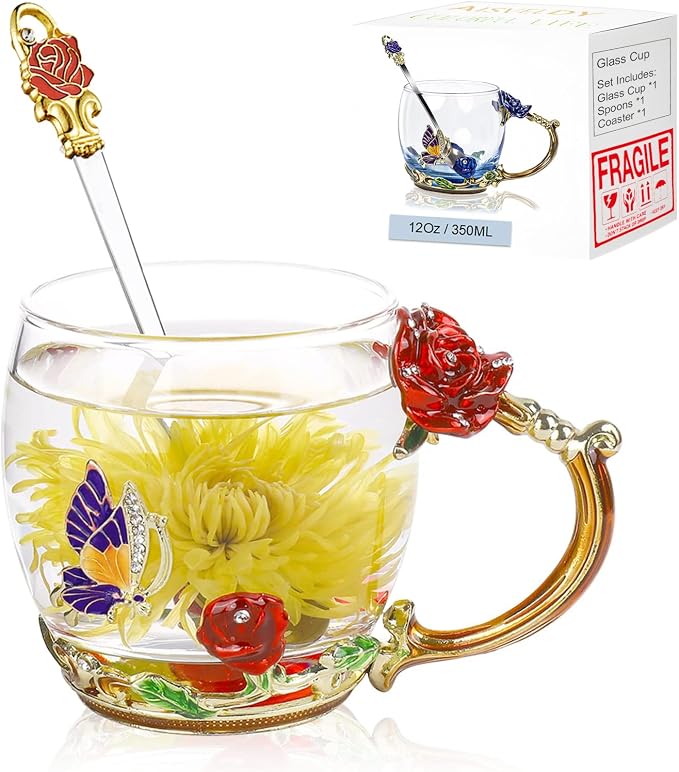 Flower Tea Cup, Butterfly Daisy Glass Fancy Coffee Mug by Unknown