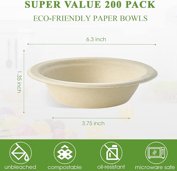 Vplus 200 Pack 12 OZ Compostable Paper Bowls, Bagasse Bowls，Nature | Disposable - Image 3