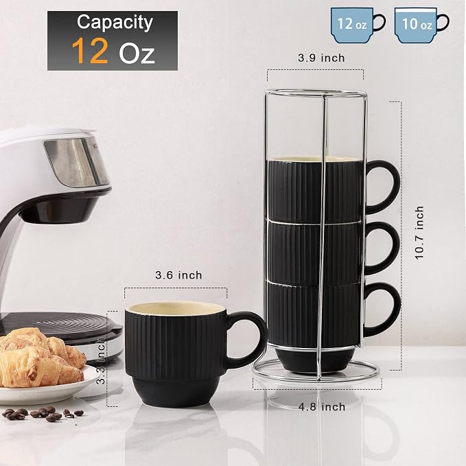 Hasense Black Coffee Mug Porcelain Set of 4 - 12 oz Stackable Coffee Cups - Image 3