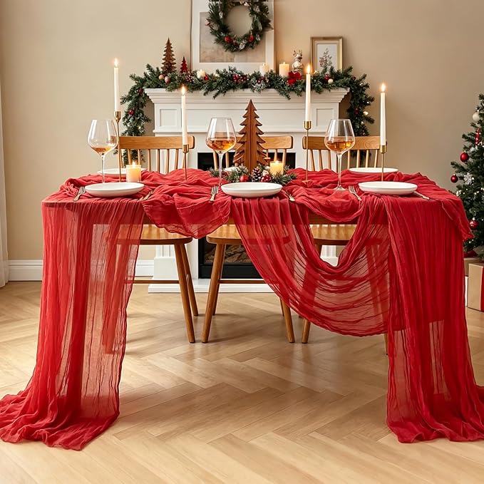 Red Cheesecloth Table Runner, 10FT Rustic Christmas Red Boho Gauze Table Runner - Image 8