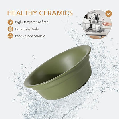 Ceramic 7.1inch Set of 2 Dog Bowls for Medium Dogs, 2pcs Basic 2.5 Cup Food or 24 oz Water Dishes for Replacement, Wide Opening Rounded Edge(2 Bowls, Olive Green)