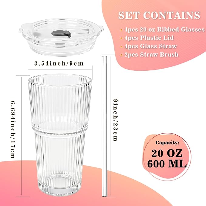 20oz Glass Tumblers with Lids and Straws, Ribbed Glassware - Image 2