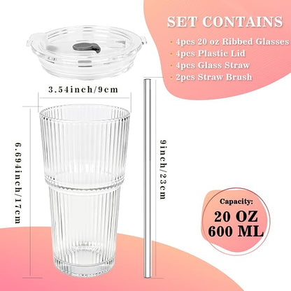 20oz Glass Tumblers with Lids and Straws, Ribbed Glassware - Image 2