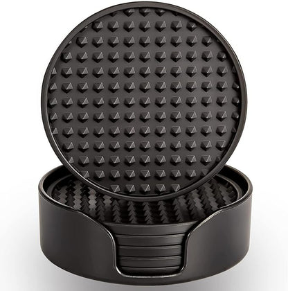 Coasters for Drinks 6 Pcs Drink Plastic Coaster with Holder,Heat Resistant Silicone Cup Mat Tabletop Protection,Non-Slip Rubber Coasters for Kinds of Cups (Black)