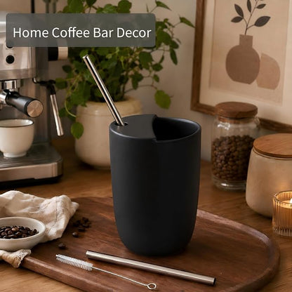 1 Pack Ceramic Coffee Mug with Sip Hole 9.5oz Retro Espresso Cup with Straw and - Image 3