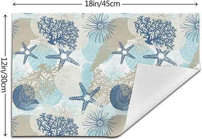 Placemats Set of 6 Aqua Blue Nautical Place Mats Coastal Beach Theme Coral Starfish Woven Table Mats Washable Blue Coral PVC Placemat for Dining Kitchen Decor Indoor Outdoor, 12 x 18 Inch