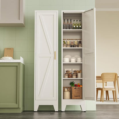 Narrow Metal Cabinet with 4 Adjustable Shelves and Barn Doors,Tall Bathroom Storage Cabinet, Metal Pantry Organizer for Kitchen,Home Office, Dining Room,White