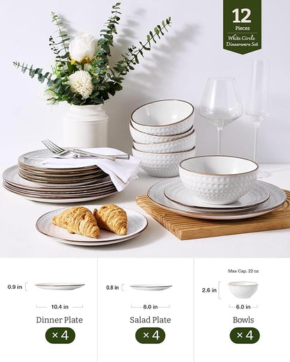 Famiware Eden Plates and Bowls Sets, Stoneware Dinnerware Sets with Gold Trim, 12 Pieces Dishes Set for 4 - Chip and Scratch Resistant, Microwave and Dishwasher Safe, White Circle