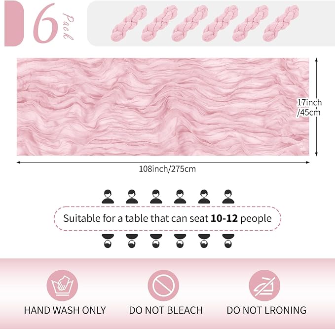 6 Pack Light Pink Cheesecloth Table Runner 17x108 Inch Semi Sheer Boho Gauze - Image 2