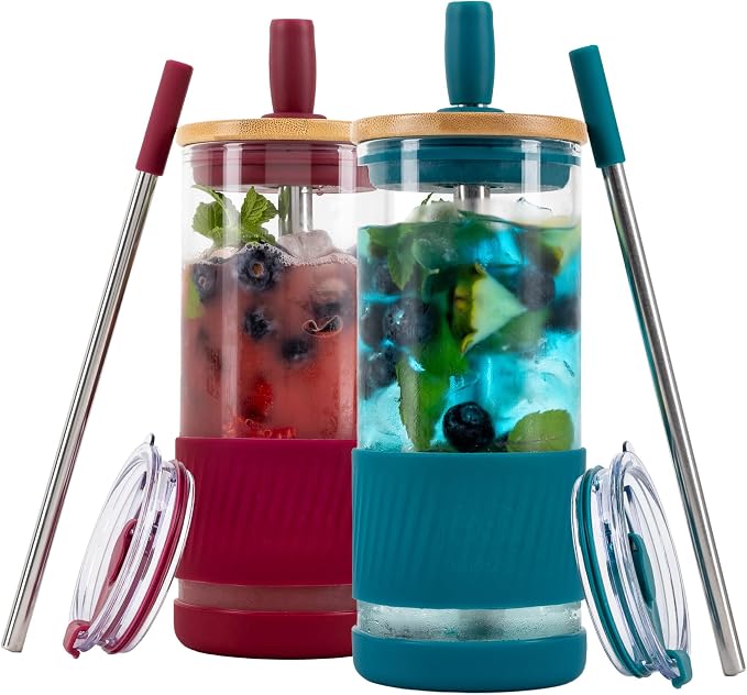 Pandaloo® Glass Cups With Lids and Straws -20 Fl Oz- Perfect Size Iced Coffee by Pandaloo