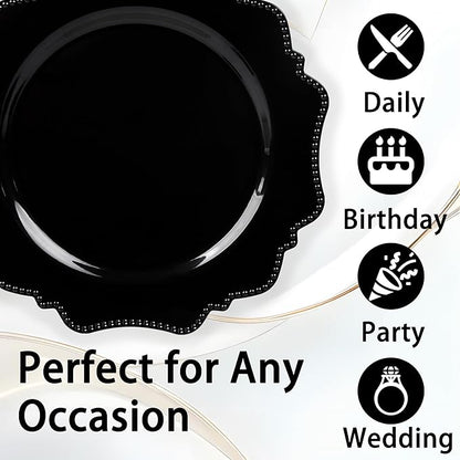 COLOSUS 100pcs Black Plastic Party Dinner Plates - 9.5 Inch- Heavy Duty Disposable Plastic Dinner Plates for Party Wedding and Everyday Use