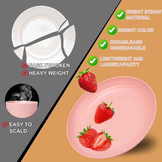 Rubtlamp 16Pcs Plastic Wheat Straw Dinnerware Set, Reusable Plastic Plate Set - Image 3
