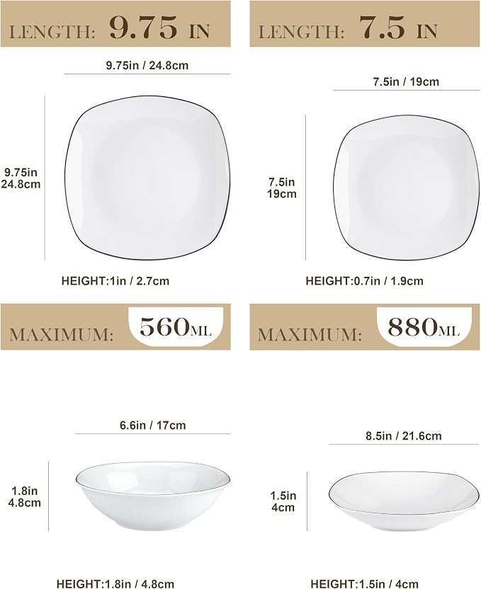 MALACASA Dinnerware Sets, 24 Piece Porcelain Square Dishes, Ceramic Dish Set - Image 2