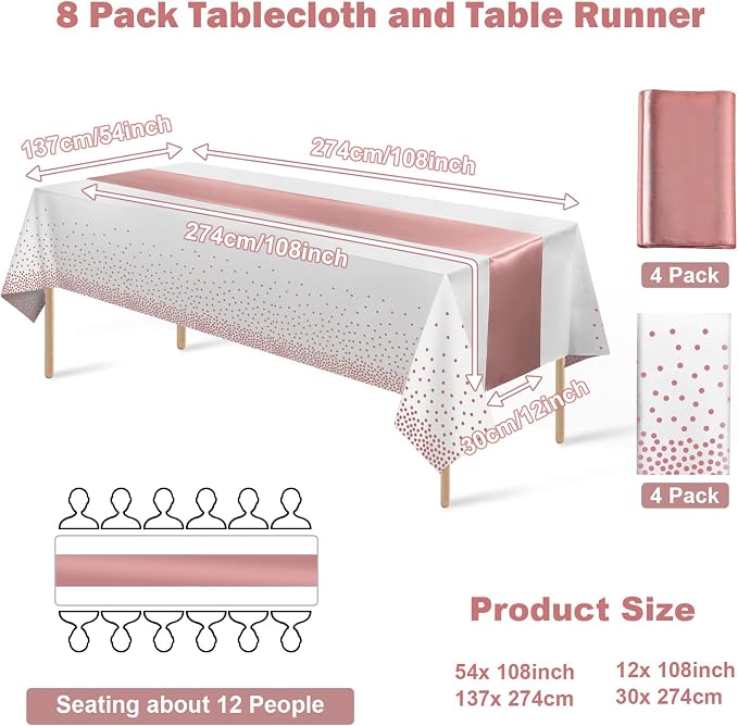 8Pack Disposable Plastic Tablecloths and Satin Table Runner Set White and Rose - Image 2