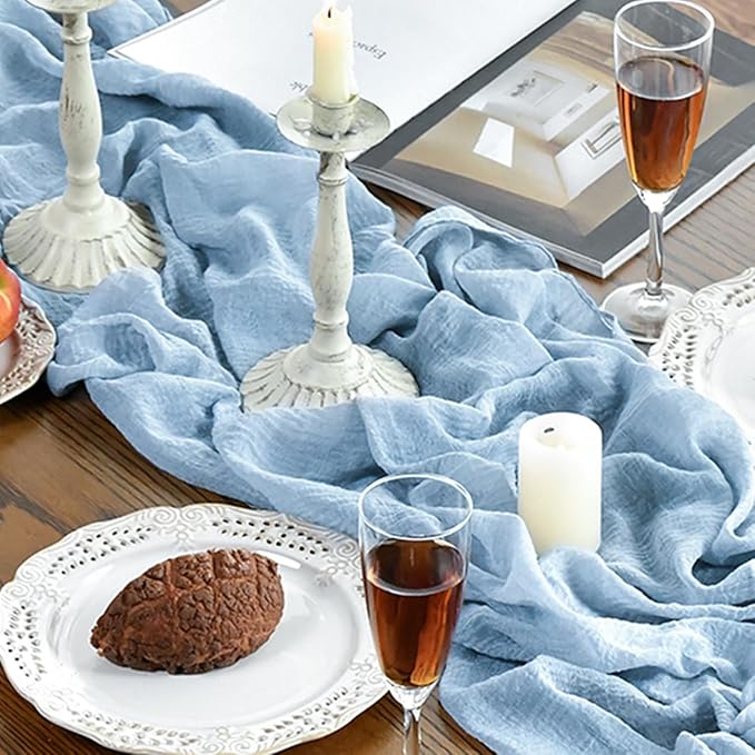 Artoid Mode Boho Ice Blue Gauze 3 Pieces Wedding Table Runner, 120 Inch - Image 2