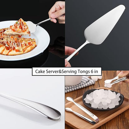 11 PCS Serving Utensils, Large Stainless Steel Spoons Forks Tongs, Pie Server, Great for Hostess Buffet Catering Banquet Party, Silver