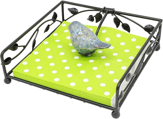 OwlGift Collection Black Coated Metal Flat Napkin Holder Dispensing Stand w/Ceramic Bird, Kitchen and Countertop Flat Napkin Storage Organizer