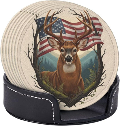 Rustic Patriotic Deer Antler Art Leather Coasters Set of 6 - Image 2